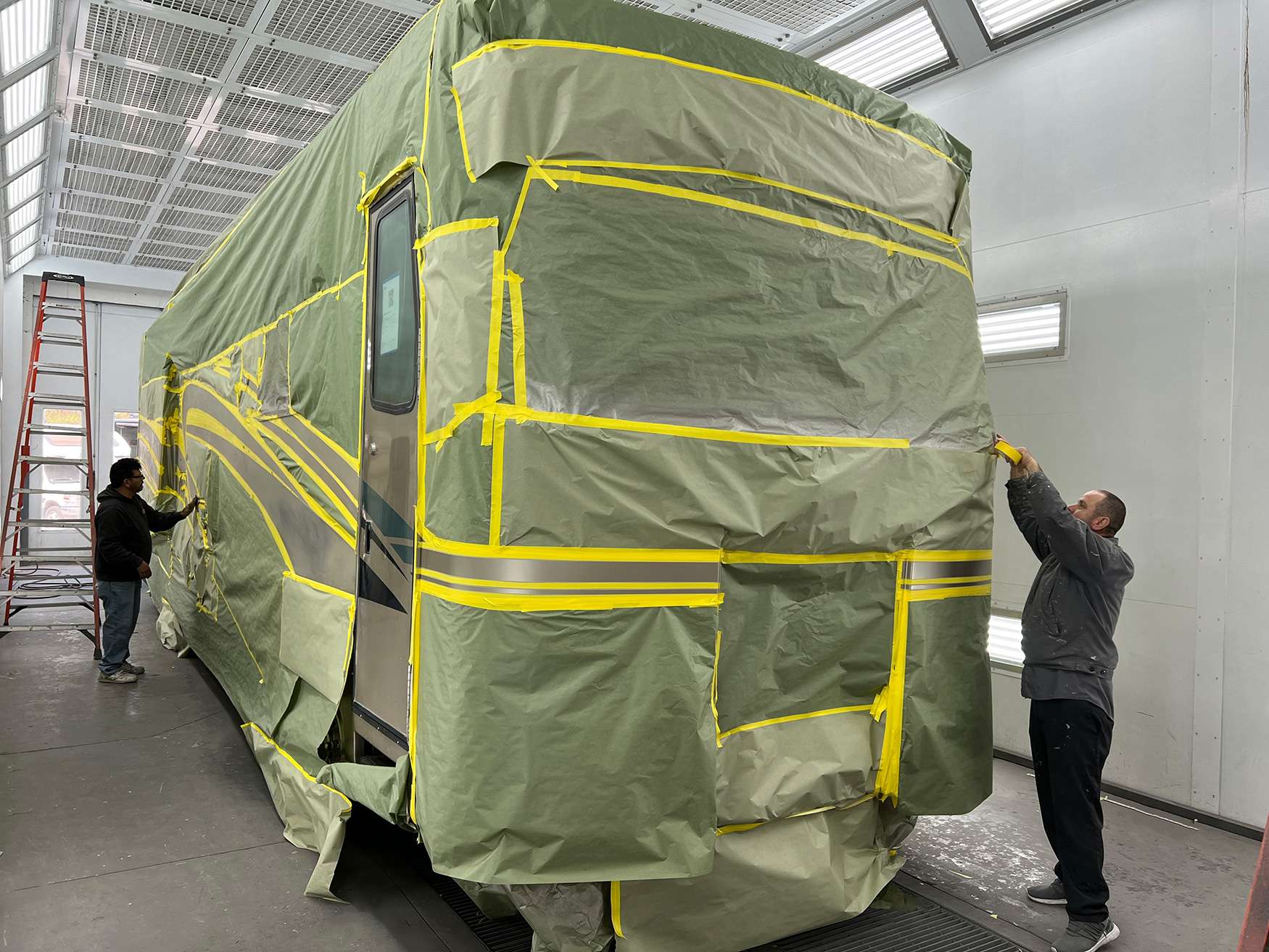 RV paint matching on a faded coach