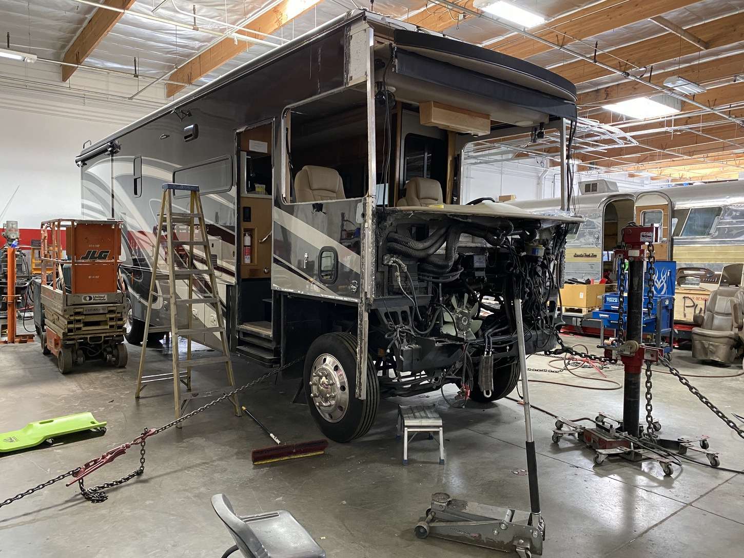 An RV in the OCRV Center collision repair bay